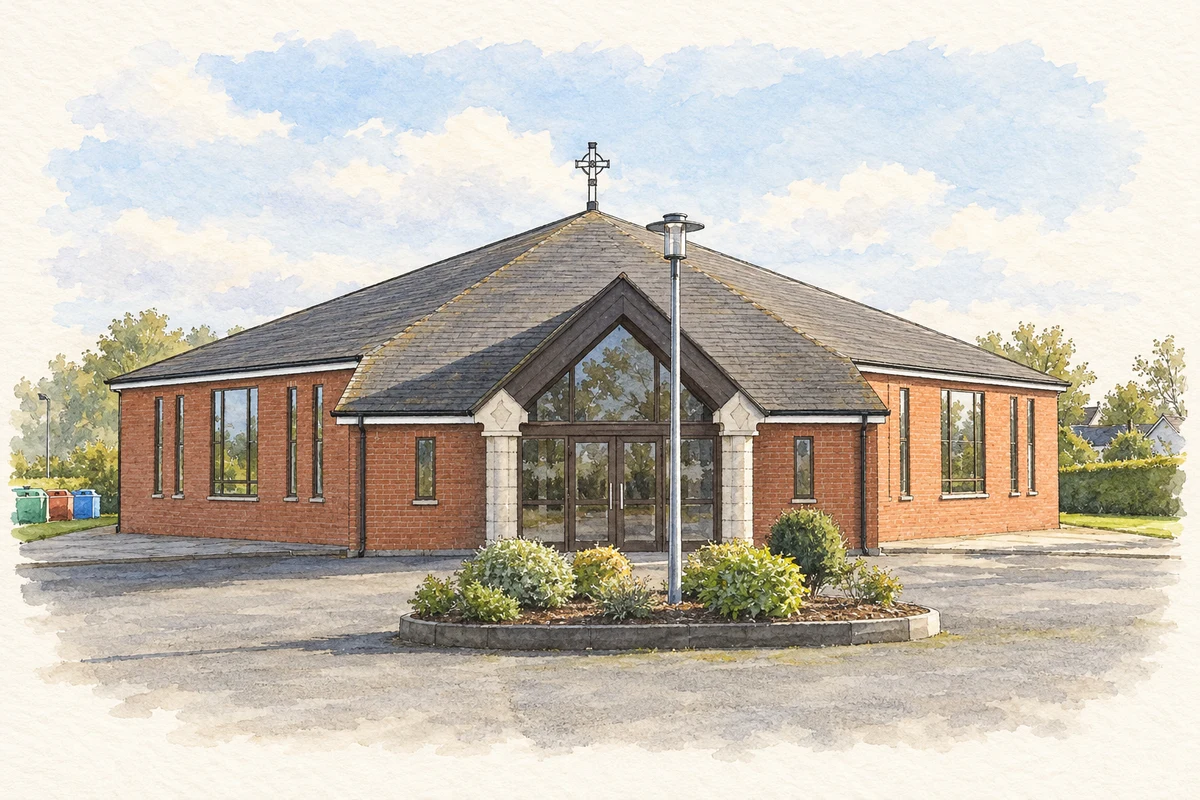 Watercolour and fine ink illustration of Catholic church at Moortown, near Clontoe-Richardson.