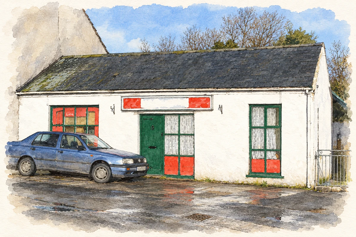 Watercolour and fine ink illustration of Douglas Bridge Post Office, as photographed in 2006.