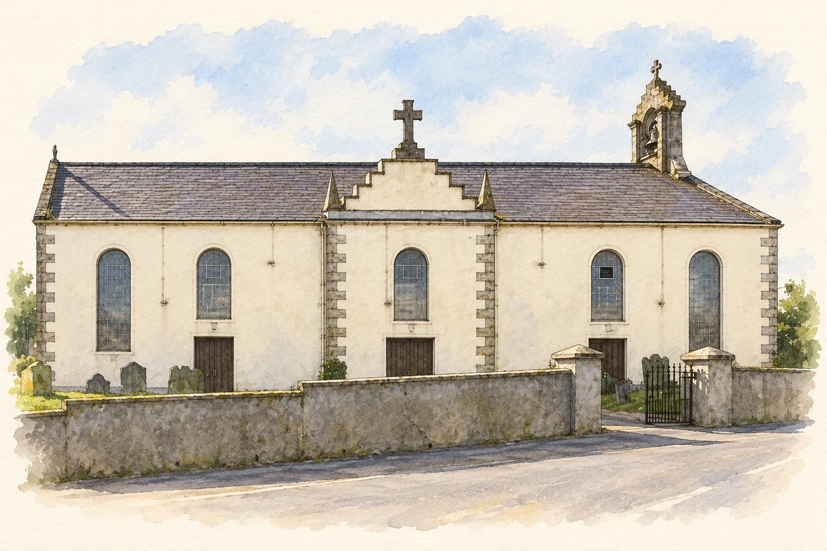 Watercolour and fine ink illustration of Saint Patrick’s Church, Eglish, as photographed in 2006.