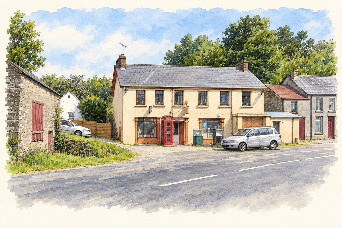 Watercolour and fine ink illustration of Liscloon Post Office, as photographed in 2006.