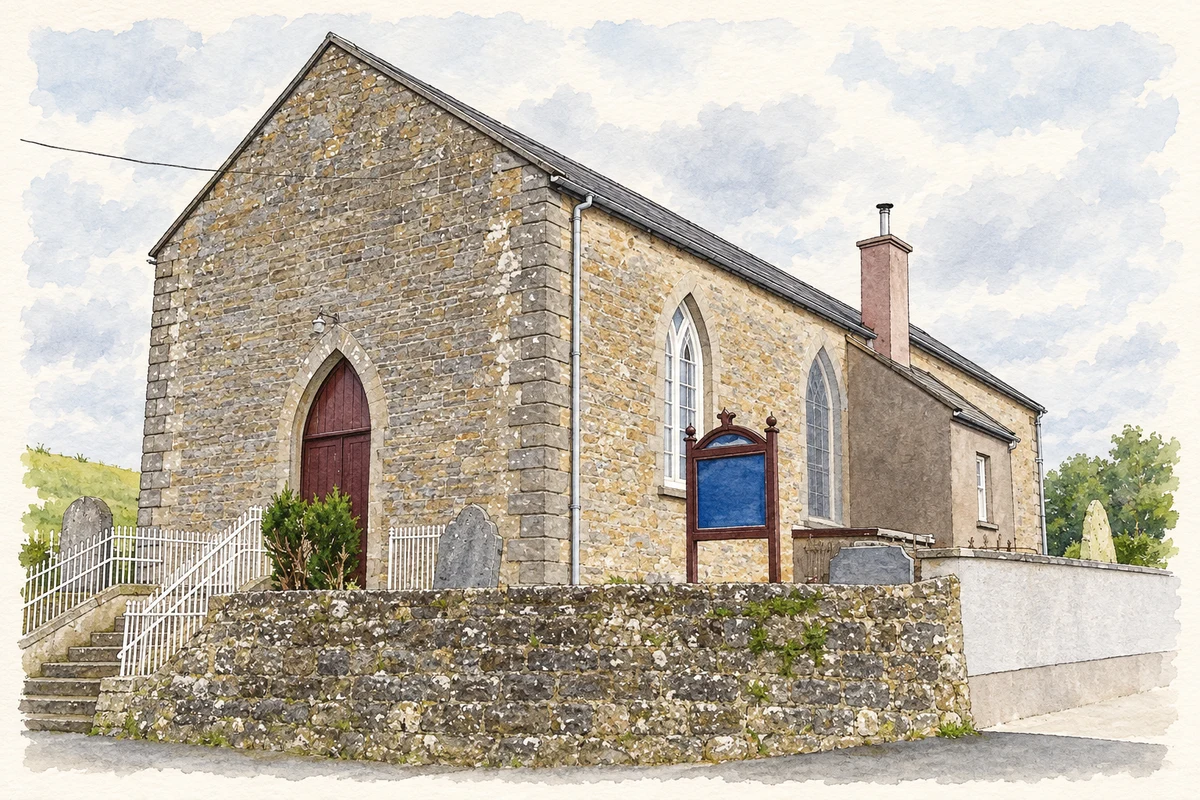 Watercolour and fine ink illustration of Minterburn Presbyterian Church, as photographed in September 2006.