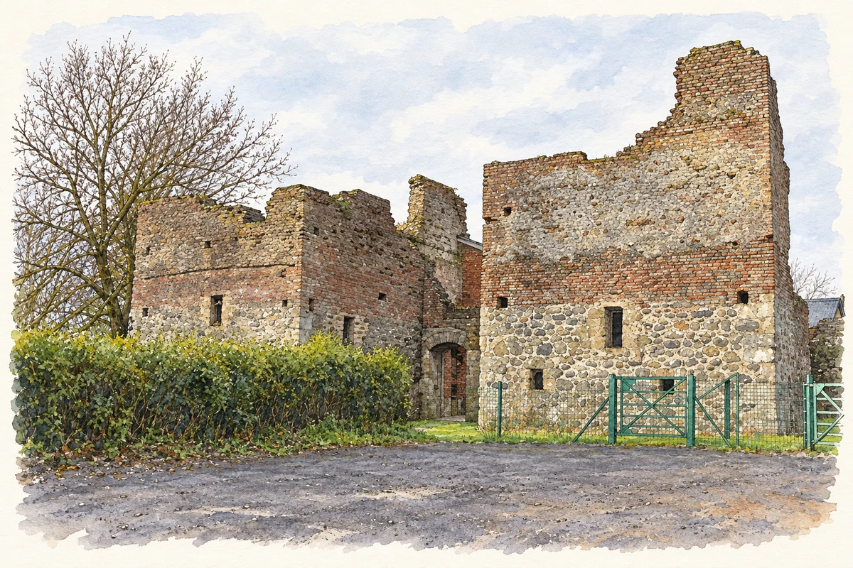 Watercolour and fine ink illustration of The surviving walls of Mountjoy Castle near Brocagh, as photographed in November 2006.