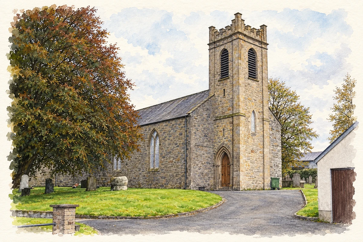 Watercolour and fine ink illustration of Holy Trinity church at Newmills, County Tyrone, as photographed in October 2006.