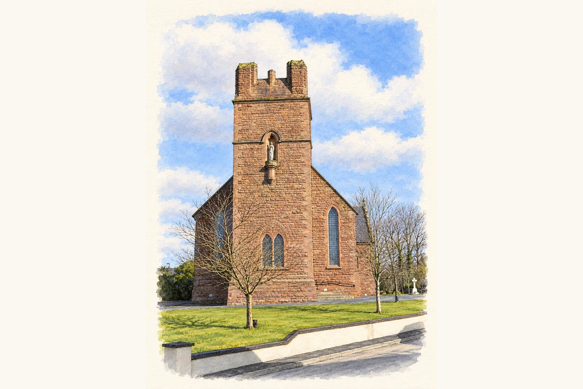 Watercolour and fine ink illustration of Sacred Heart Church, Plumbridge, County Tyrone, as photographed in February 2006.