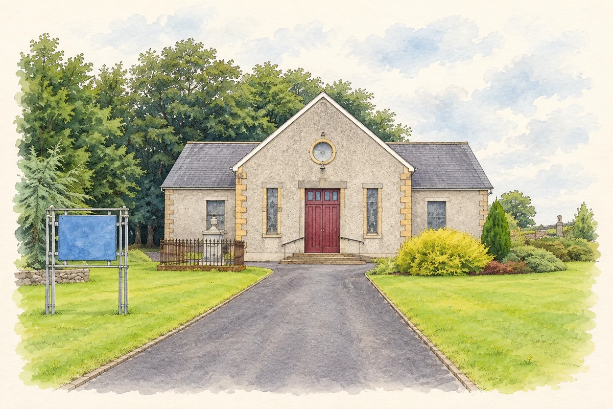 Watercolour and fine ink illustration of Sandholes Presbyterian Church, County Tyrone, as photographed in August 2002.