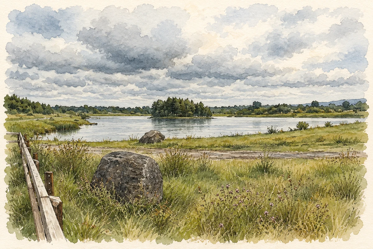 Watercolour and fine ink illustration of Finnamore's Lake, Lough Boora, near Kilcormac.
