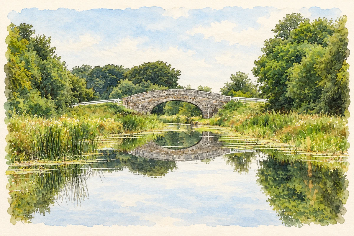 Watercolour and fine ink illustration of Rhode Bridge on the Grand Canal, near Rhode.