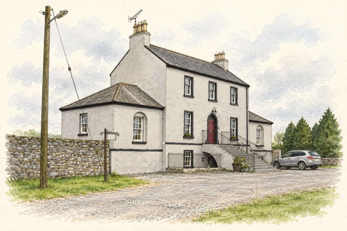 Watercolour and fine ink illustration of The Harbour Master’s House at Shannon Harbour, as photographed in May 2006.