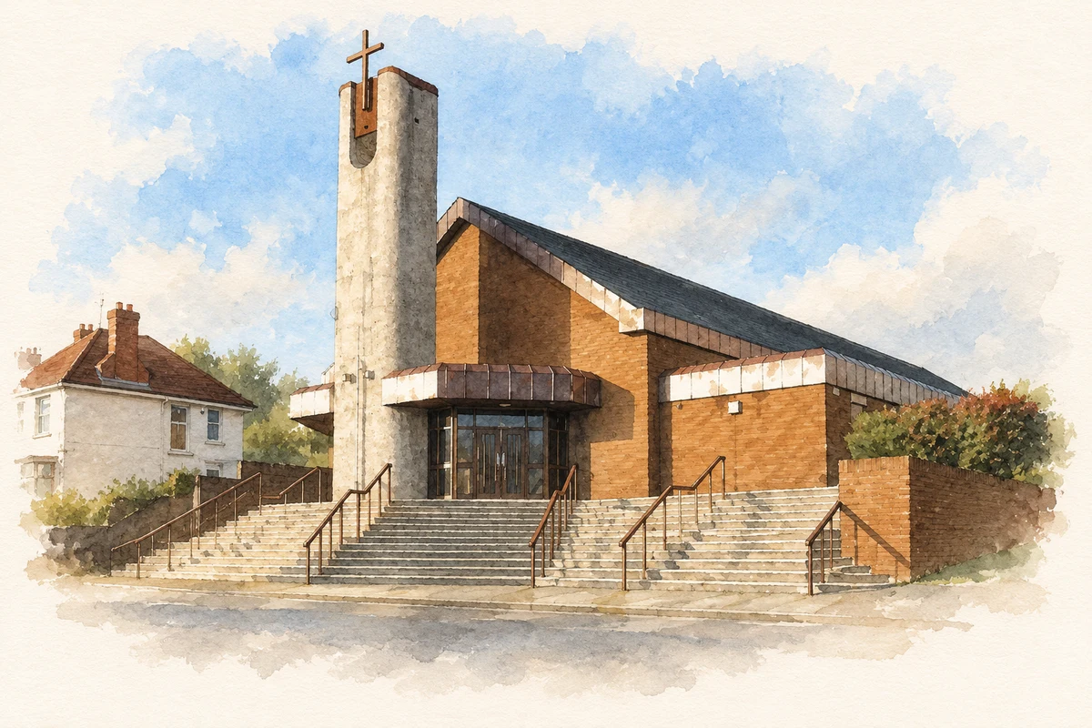 Watercolour and fine ink illustration of St Agnes' Church, Andersonstown.