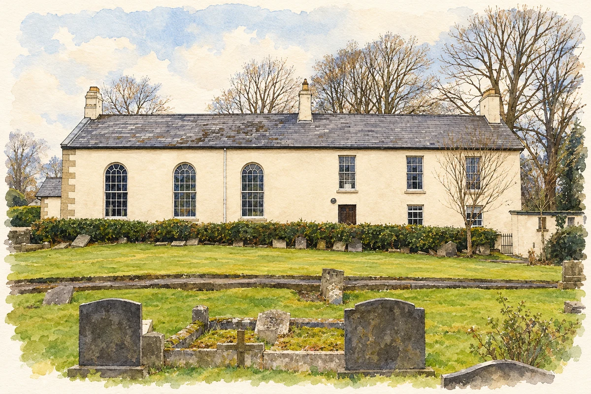 Watercolour and fine ink illustration of Moravian Church, Lower Ballinderry, County Antrim.
