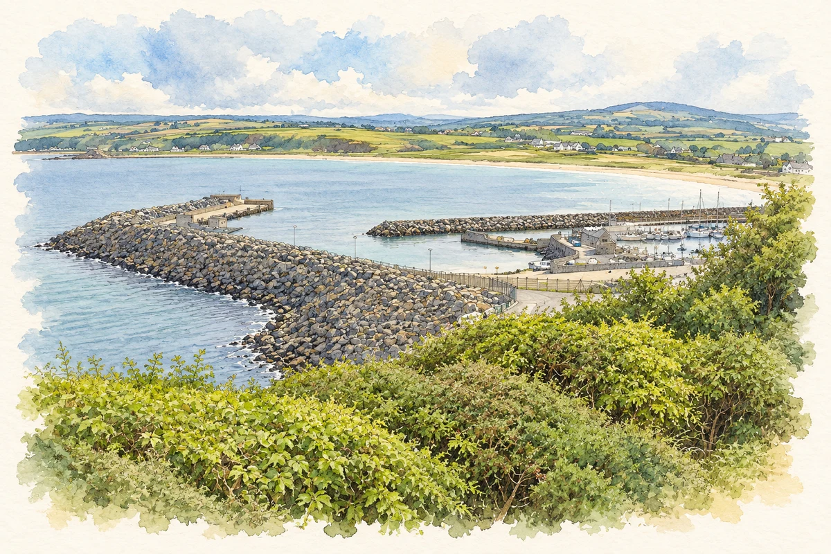 Watercolour and fine ink illustration of Ballycastle Harbour and bay, County Antrim in Ballycastle.