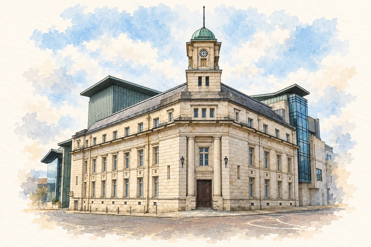 Watercolour and fine ink illustration of Ballymena Town Hall, County Antrim in Ballymena.