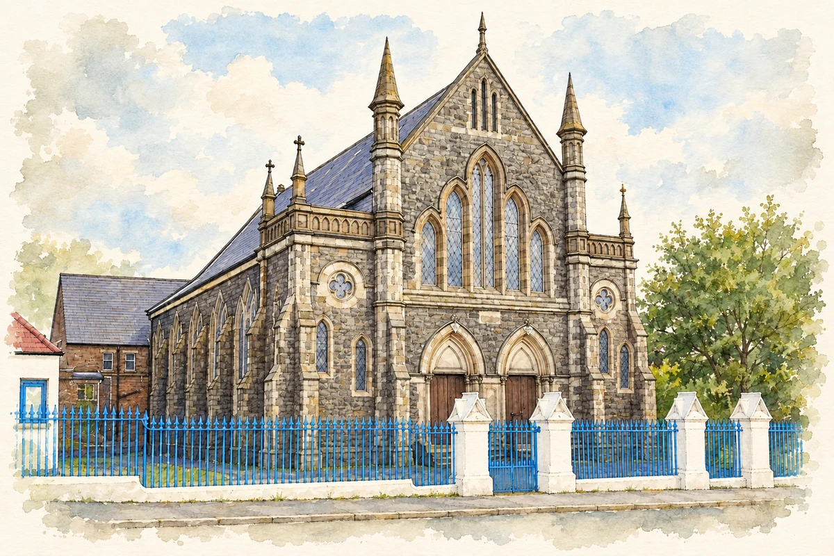 Watercolour and fine ink illustration of Ballysillan Presbyterian Church, Belfast, County Antrim.
