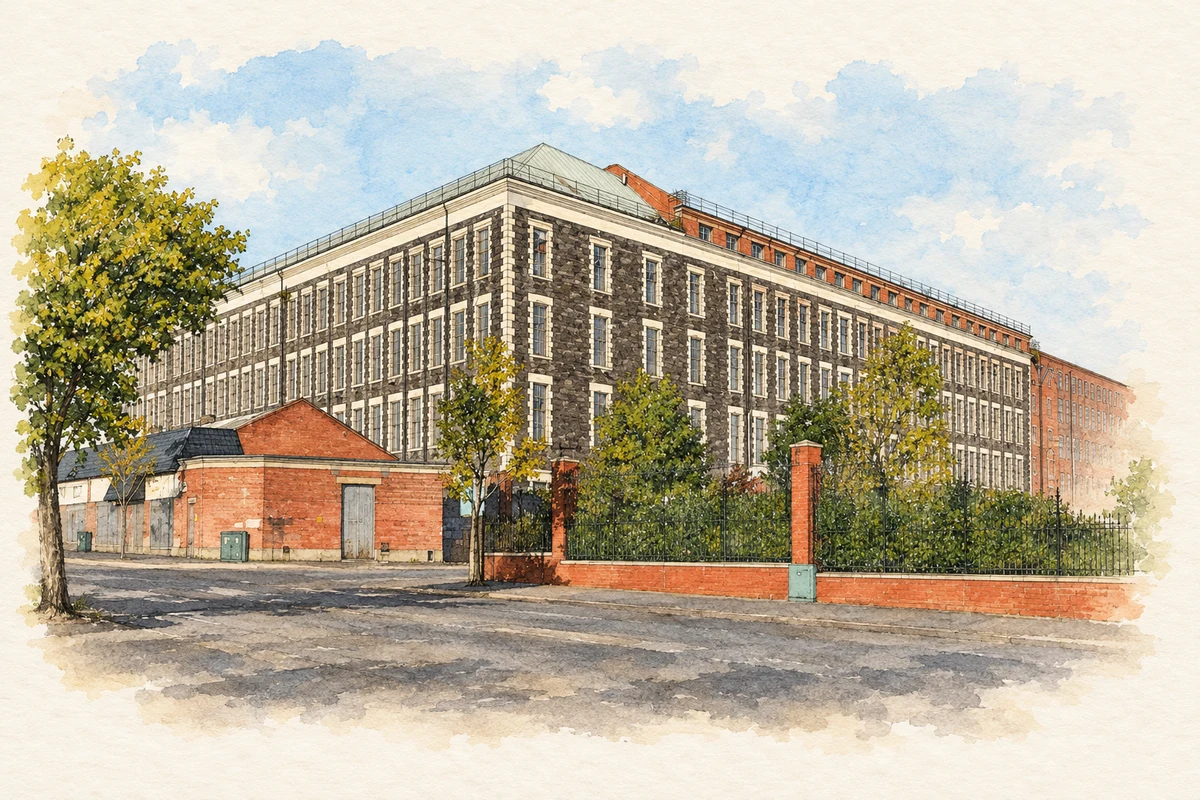 Watercolour and fine ink illustration of Brookfield Mill, Belfast, in 2013.