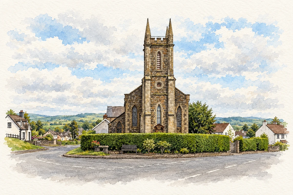Watercolour and fine ink illustration of St James Church, Clogh, County Antrim.