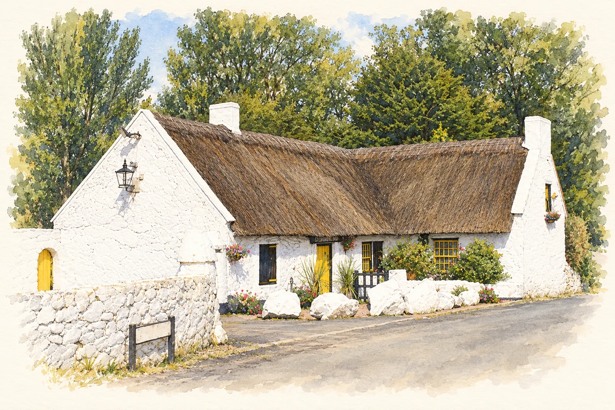 Watercolour and fine ink illustration of Crosskeys Inn, Ardnaglass.