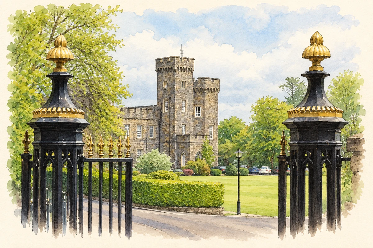 Watercolour and fine ink illustration of Garron Tower near Garronpoint, seen through the entrance gates in 2007.