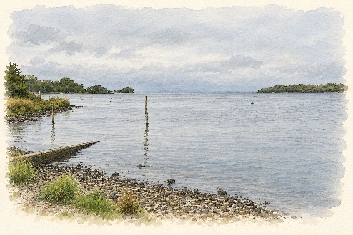 Watercolour and fine ink illustration of Lough Neagh from Gawley’s Gate quay, as photographed in 2005.