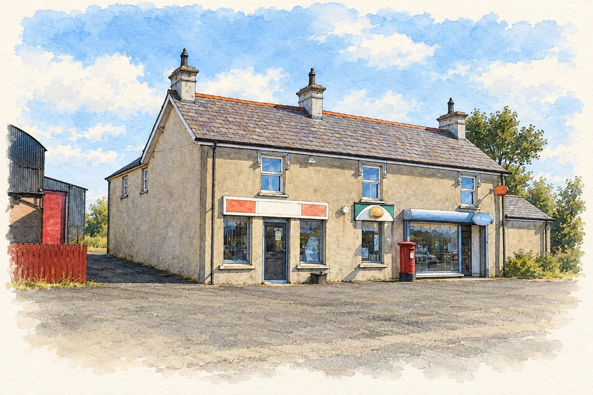 Watercolour and fine ink illustration of Village post office at Glarryford, as photographed in 2013.