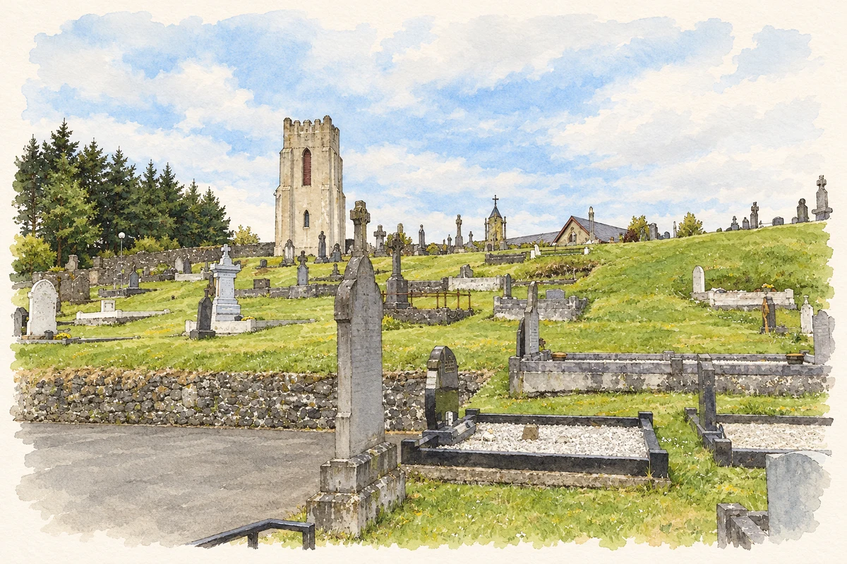 Watercolour and fine ink illustration of Saint Mary’s memorial tower near Glenravel, as photographed in 2014.