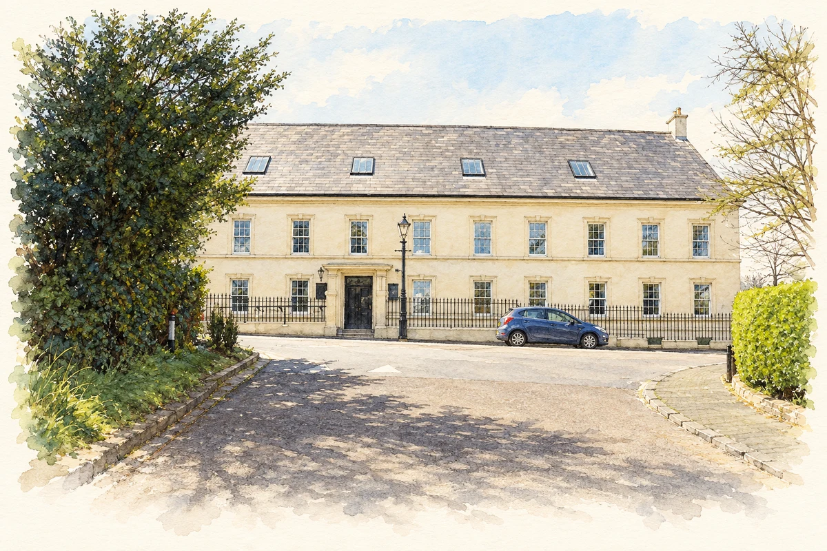 Watercolour and fine ink illustration of Gracehill Old School, as photographed in 2012.