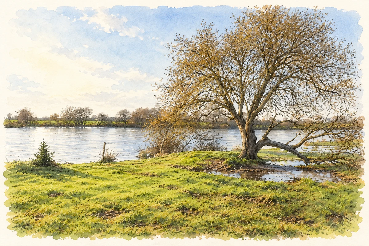 Watercolour and fine ink illustration of The River Bann at Killygarn, as photographed in 2011.