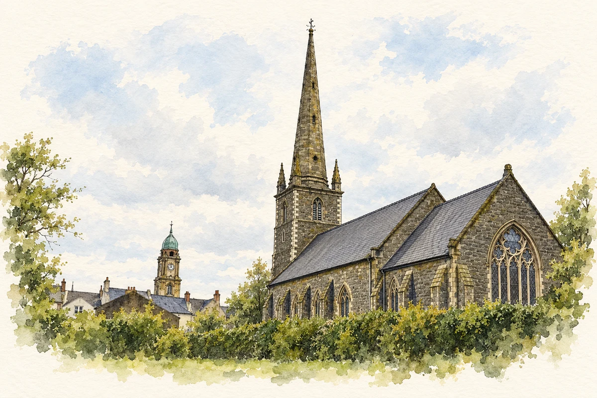 Watercolour and fine ink illustration of Lisburn Cathedral in Lisburn, showing its complete visible architectural silhouette.