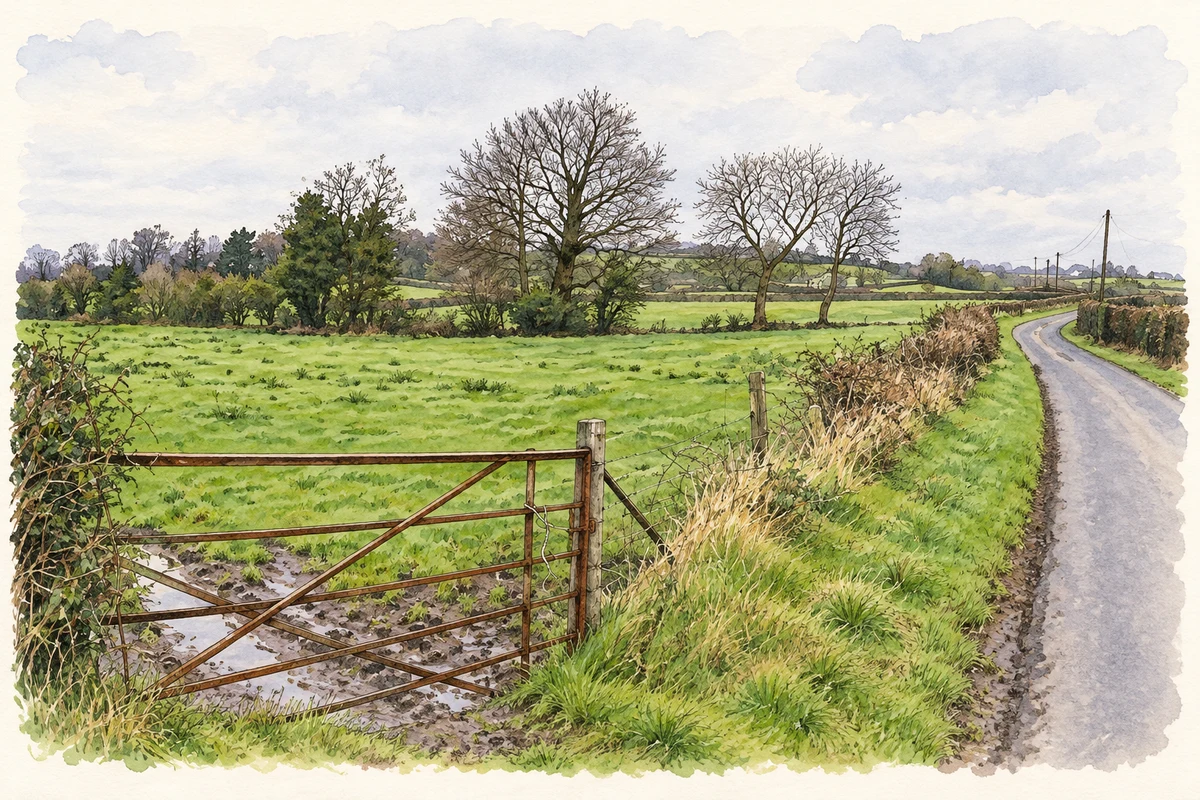 Watercolour and fine ink illustration of Winter fields in Lisrodden townland, as photographed in January 2008.