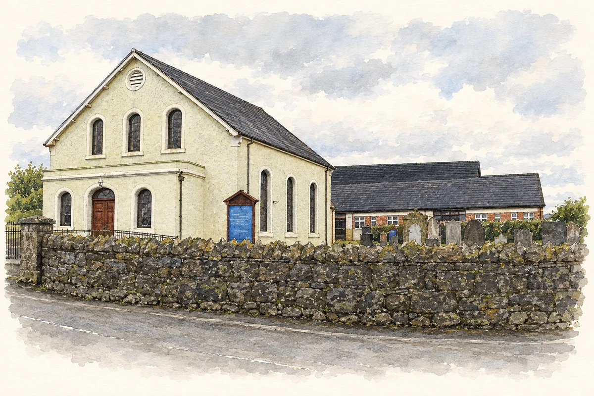 Watercolour and fine ink illustration of Loanends Presbyterian Church and hall, as photographed in 2009.