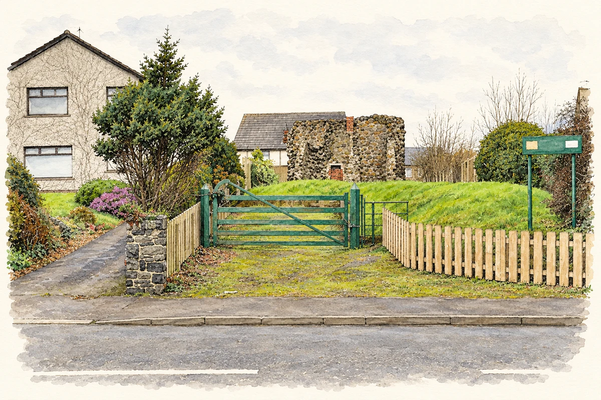 Watercolour and fine ink illustration of Castle Lug by Shore Road near Lower Green Island, as photographed in February 2012.