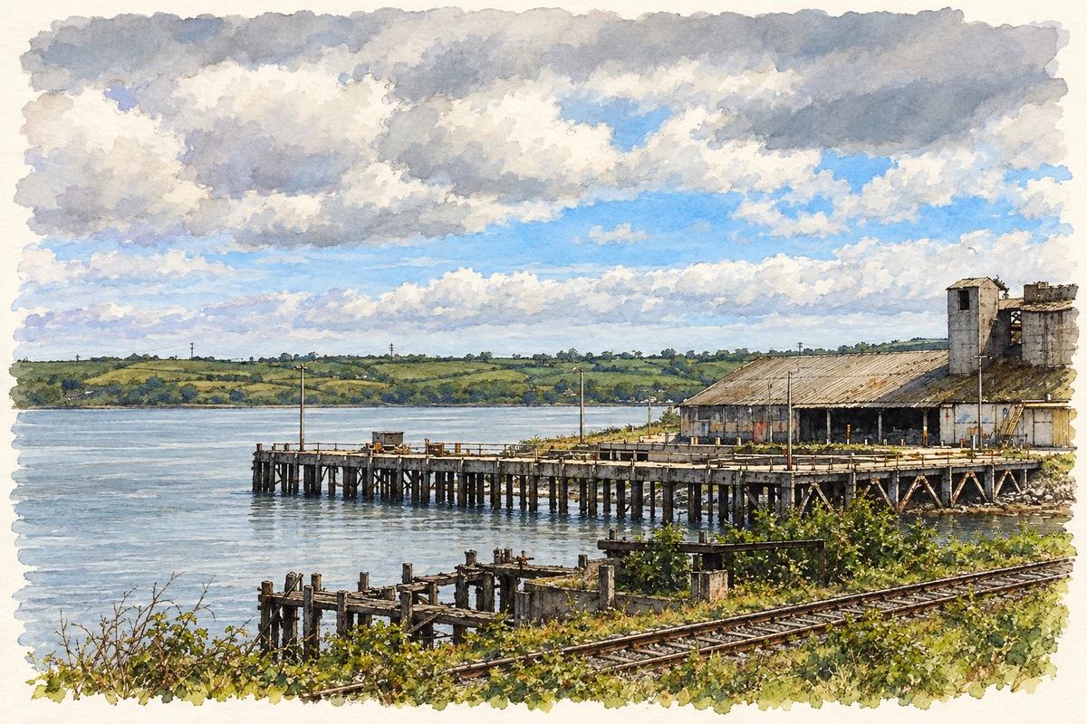 Watercolour and fine ink illustration of The disused cement jetty at Magheramorne, as photographed in May 2005.