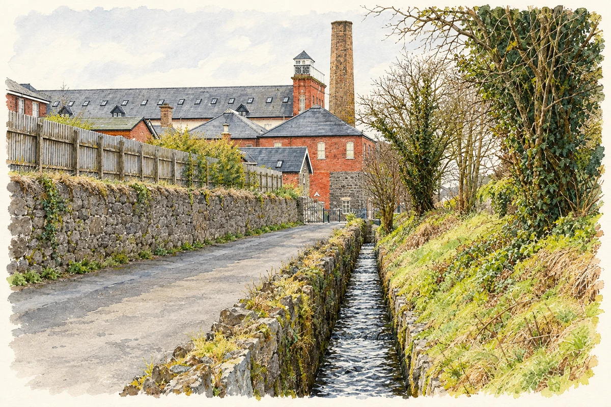 Watercolour and fine ink illustration of Barn Mills and the millrace near Mile Bush, Carrickfergus, as photographed in March 2008.