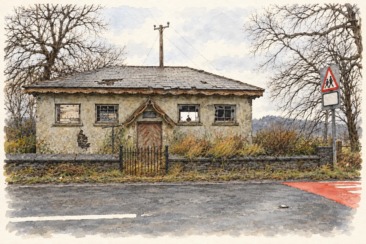 Watercolour and fine ink illustration of The former church hall at Moorfields, as photographed in January 2010.