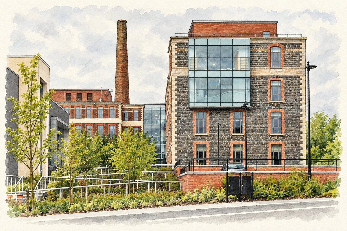 Watercolour and fine ink illustration of The converted Mossley Mill, as photographed in June 2012.