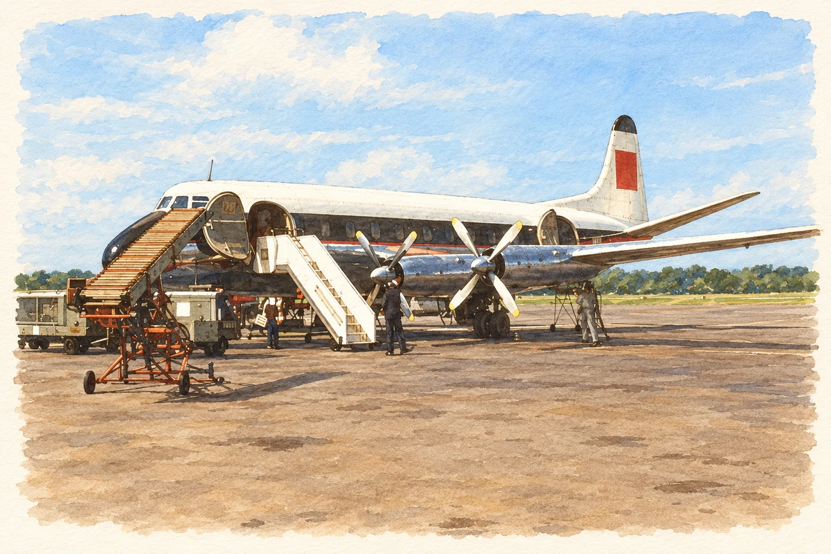 Watercolour and fine ink illustration of Nutt’s Corner Airport apron, June 1960 reconstruction.