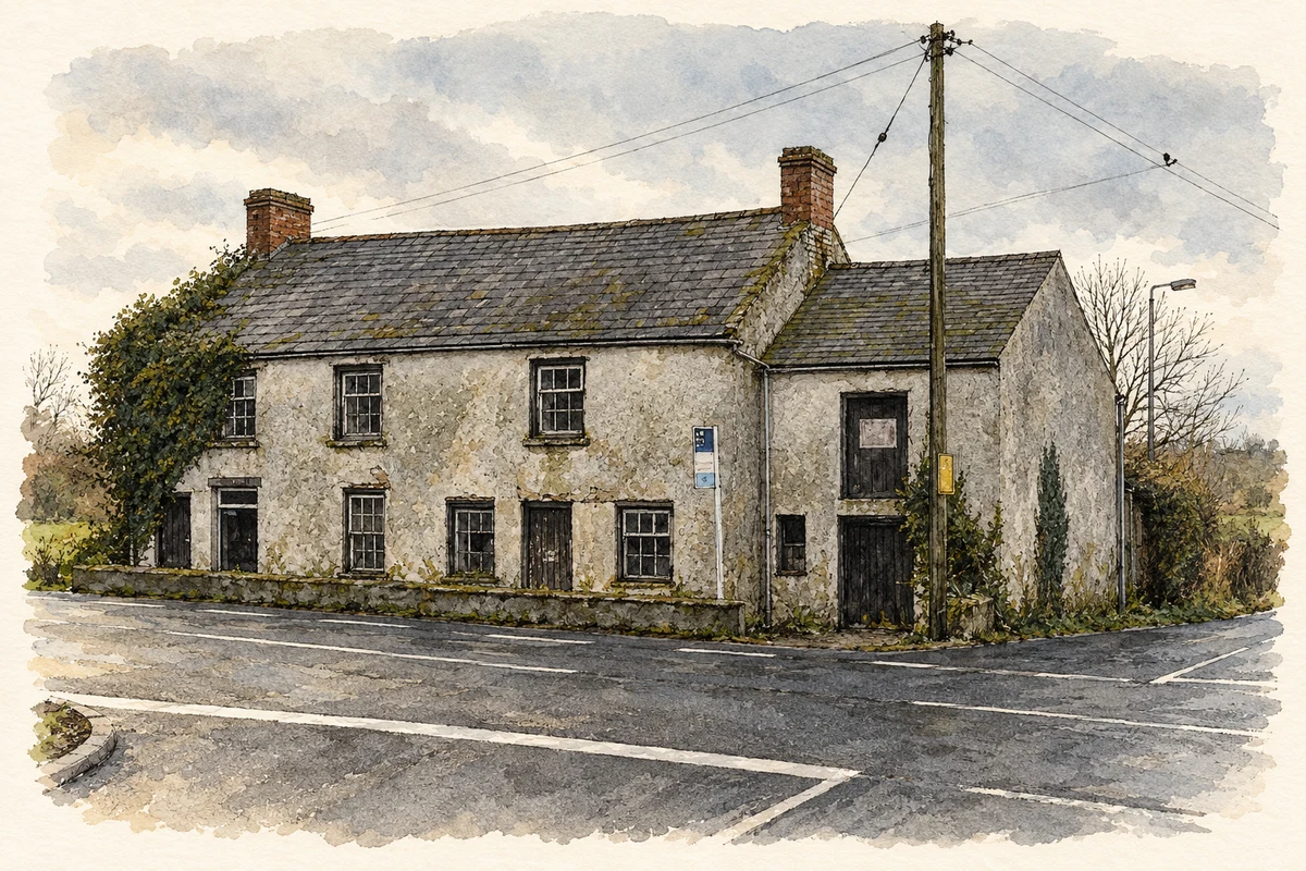 Watercolour and fine ink illustration of Former post office at Rose’s Lane Ends, County Antrim, as photographed in February 2007.