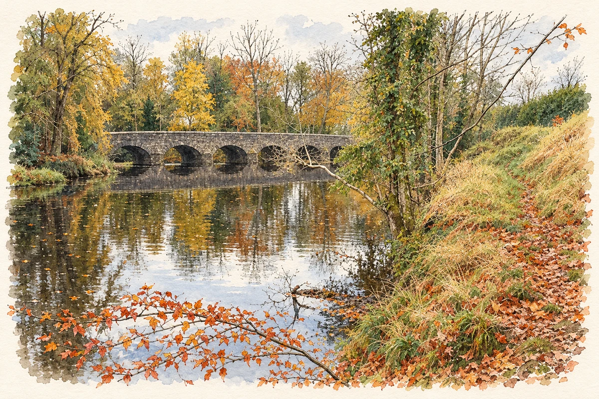 Watercolour and fine ink illustration of The Shank Bridge near Kells and Connor, County Antrim, as photographed in November 2007.