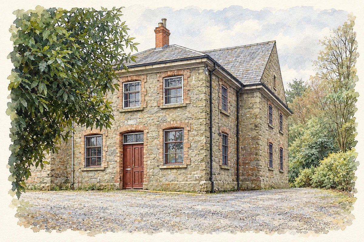 Watercolour and fine ink illustration of Friends' Meeting House, Bessbrook.