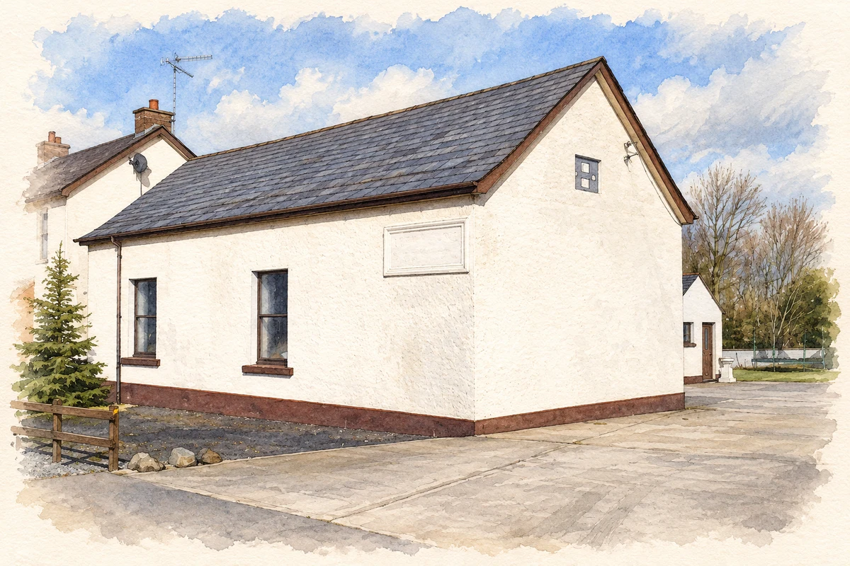 Watercolour and fine ink illustration of Former Derryvane school near Crabtree Lane.