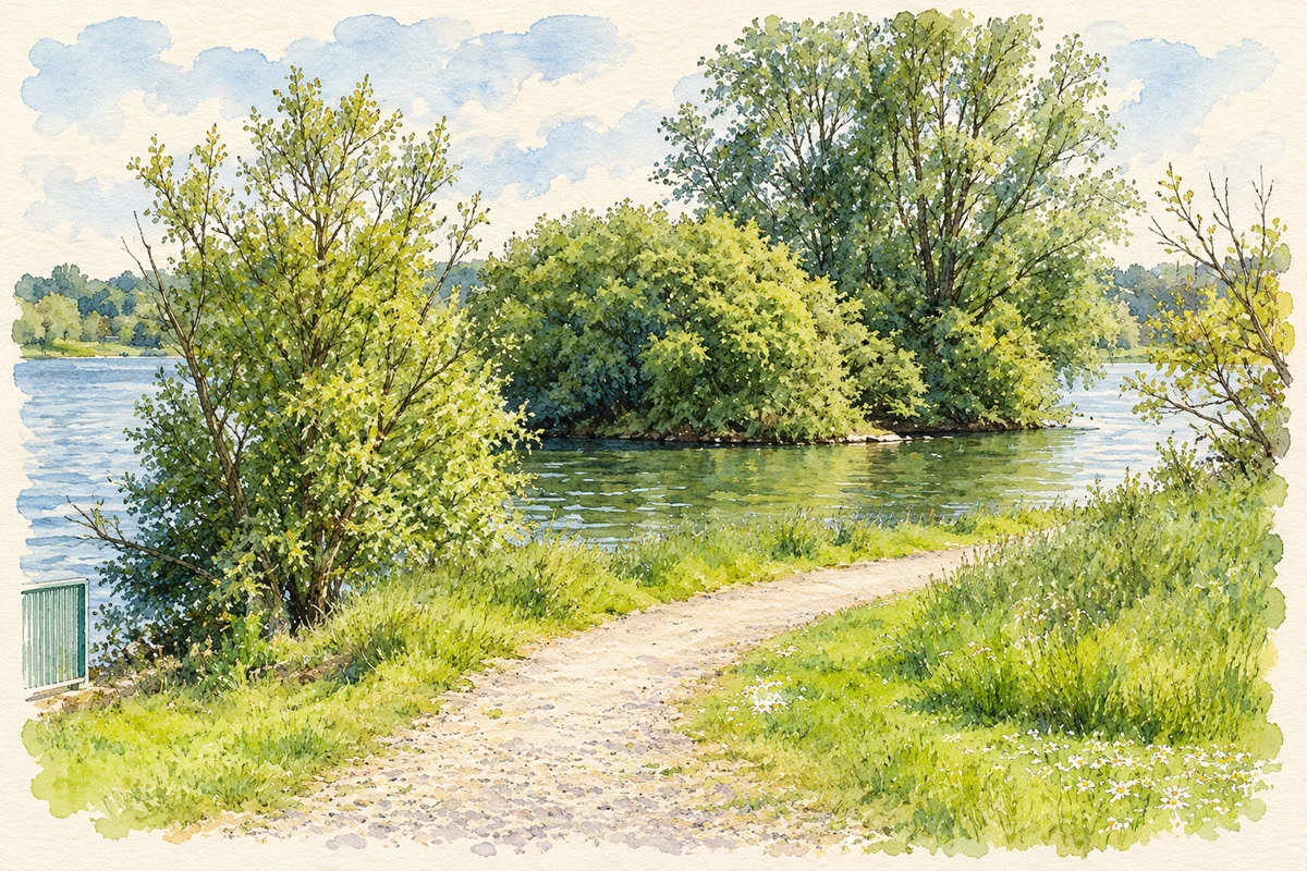 Watercolour and fine ink illustration of Lakeside path, Craigavon Lakes.