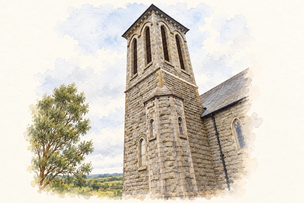 Watercolour and fine ink illustration of Bell tower of St Patrick’s Church, Cullyhanna.