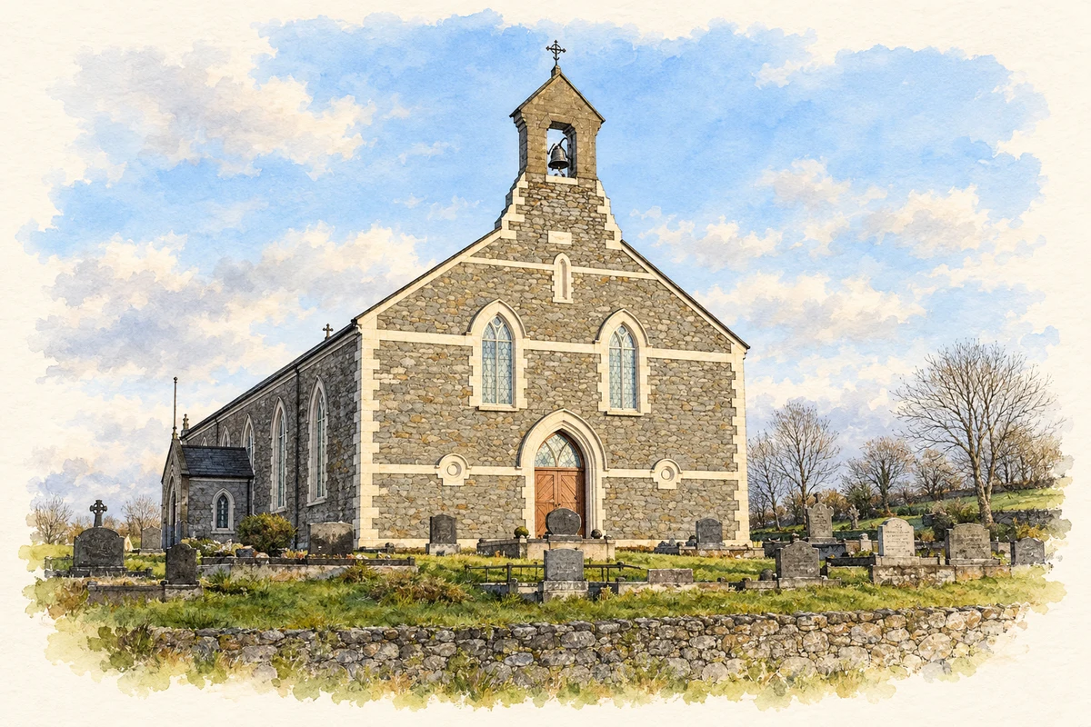Watercolour and fine ink illustration of Saint Mochua’s Church, Derrynoose.