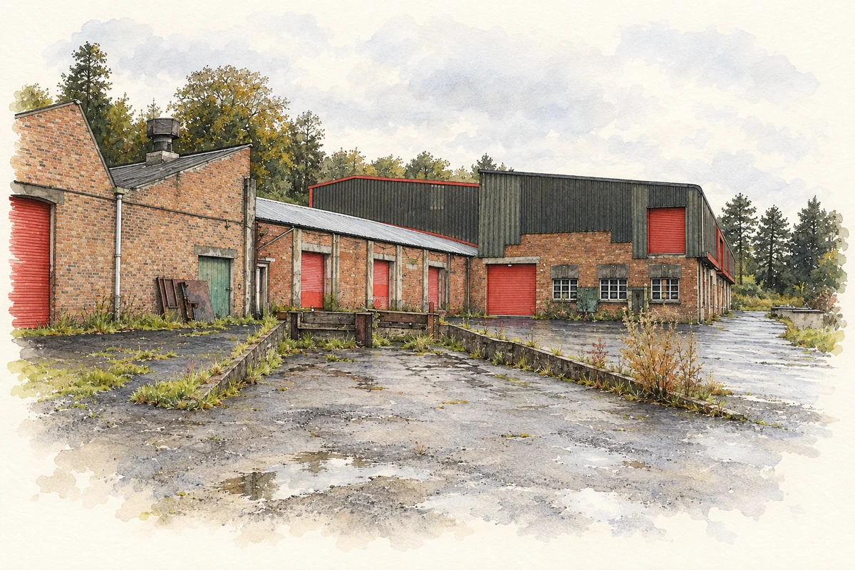 Watercolour and fine ink illustration of Glenanne Mill courtyard, as photographed in 2009.