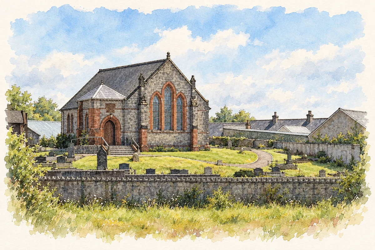 Watercolour and fine ink illustration of First Presbyterian Church, Markethill, County Armagh.