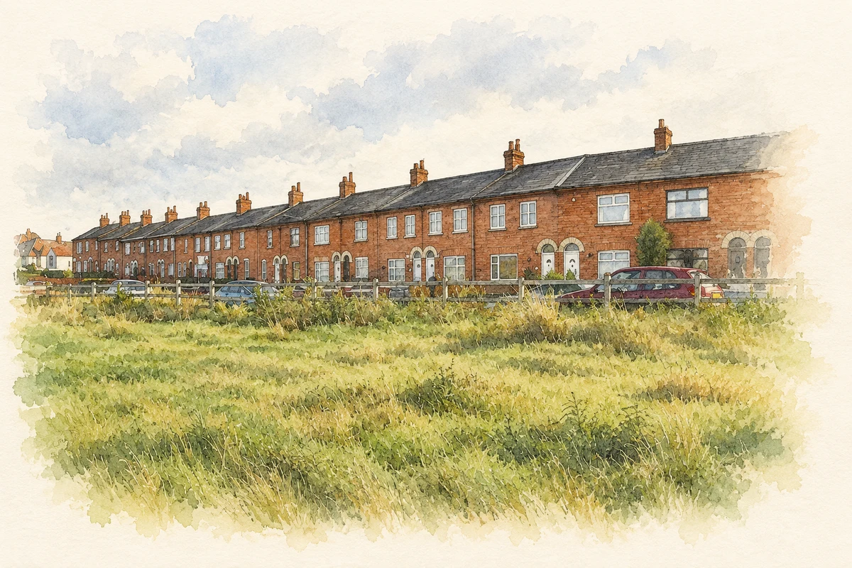 Watercolour and fine ink illustration of Terraced houses in Milford, County Armagh.