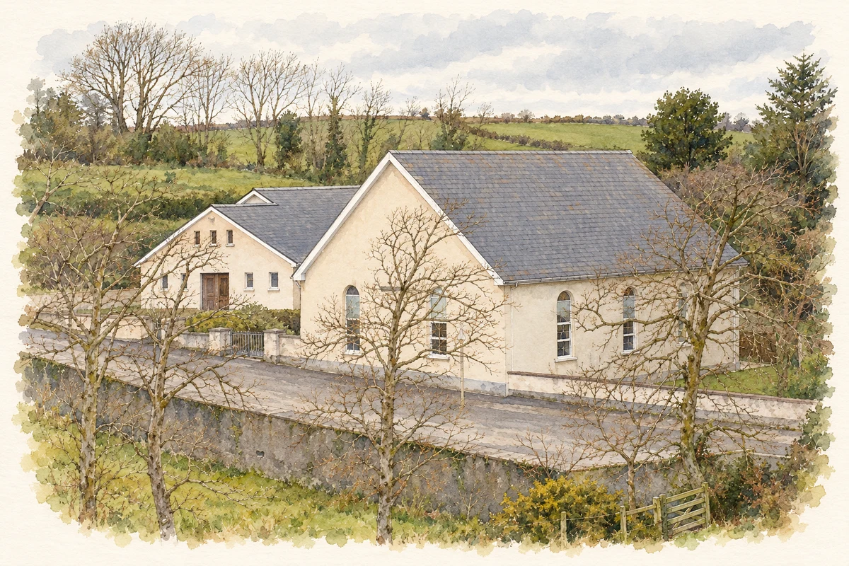 Watercolour and fine ink illustration of Ballylane Reformed Presbyterian Church near Mowhan, as photographed in March 2008.