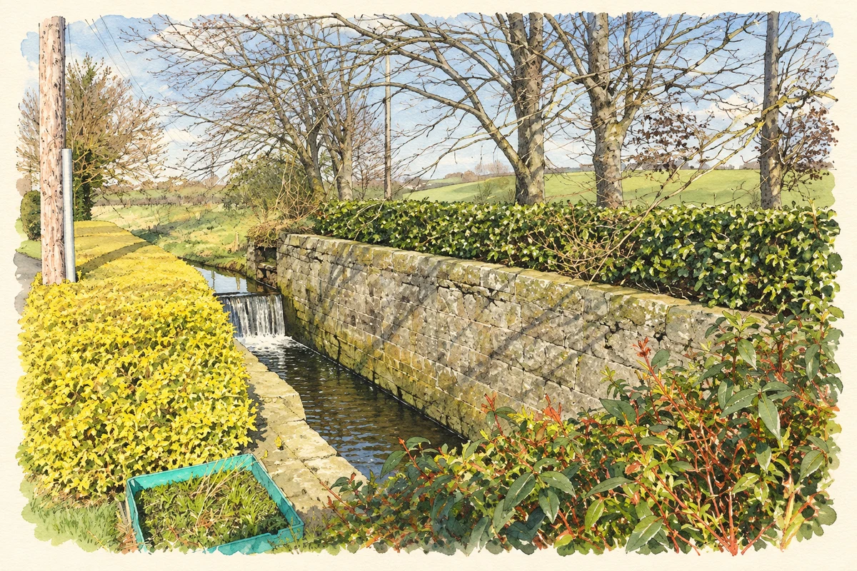 Watercolour and fine ink illustration of McVeigh Lock on the disused Newry Canal south of Poyntzpass, as photographed in February 2019.