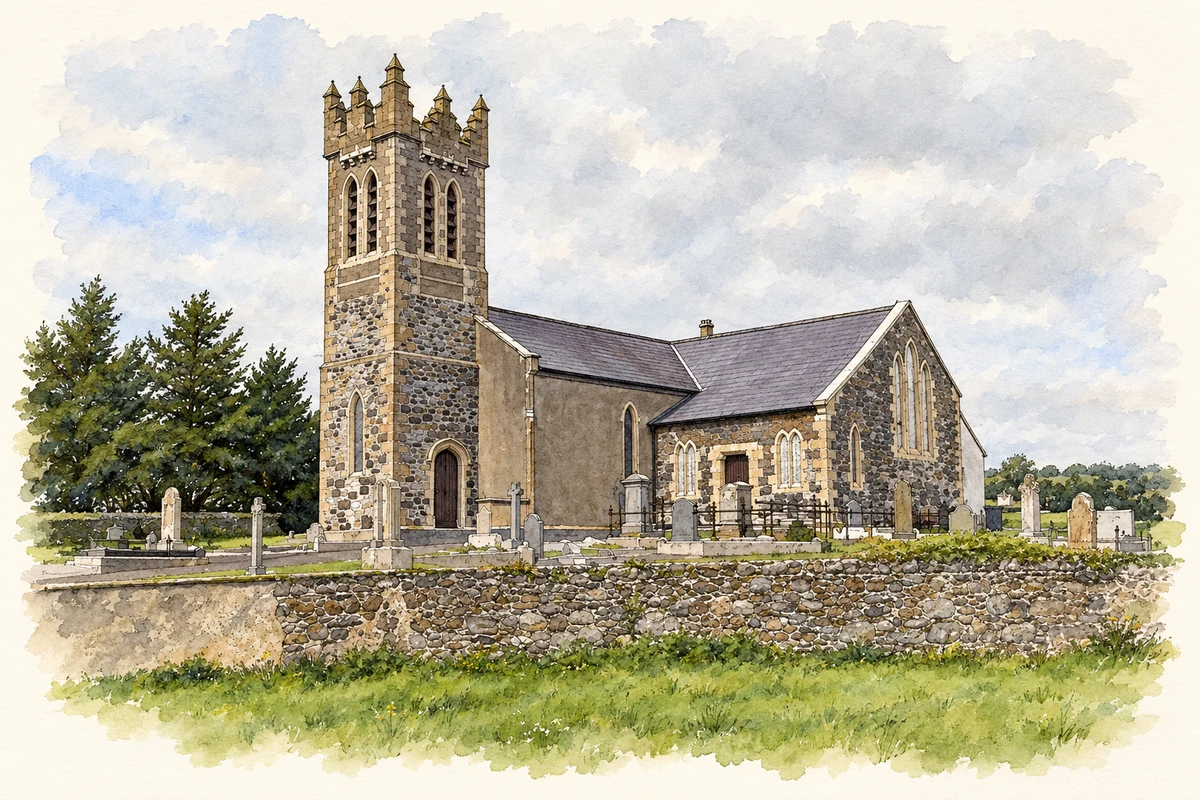 Watercolour and fine ink illustration of Saint Andrew's Church, Milltown, near The Birches, County Armagh.