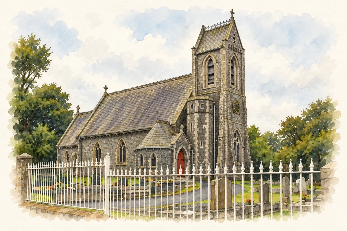 Watercolour and fine ink illustration of St Luke's Church, Ballymoyer, near Whitecross.