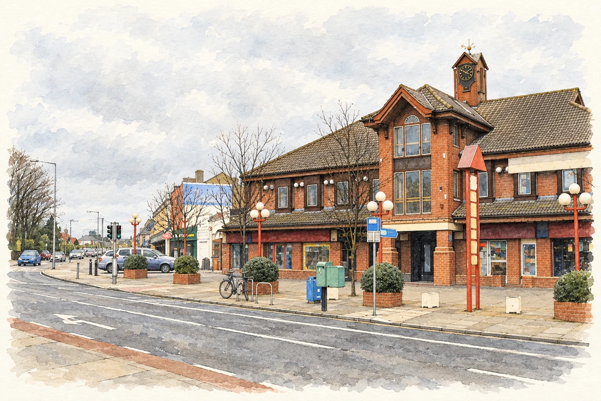 Watercolour and fine ink illustration of Howth Road at Killester, as photographed in 2007.